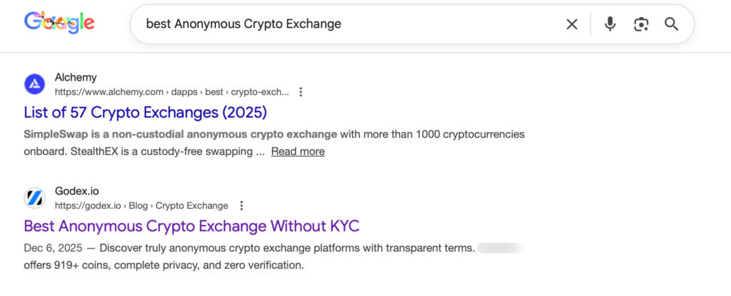 "best anonymous crypto exchange" — USA Google Top