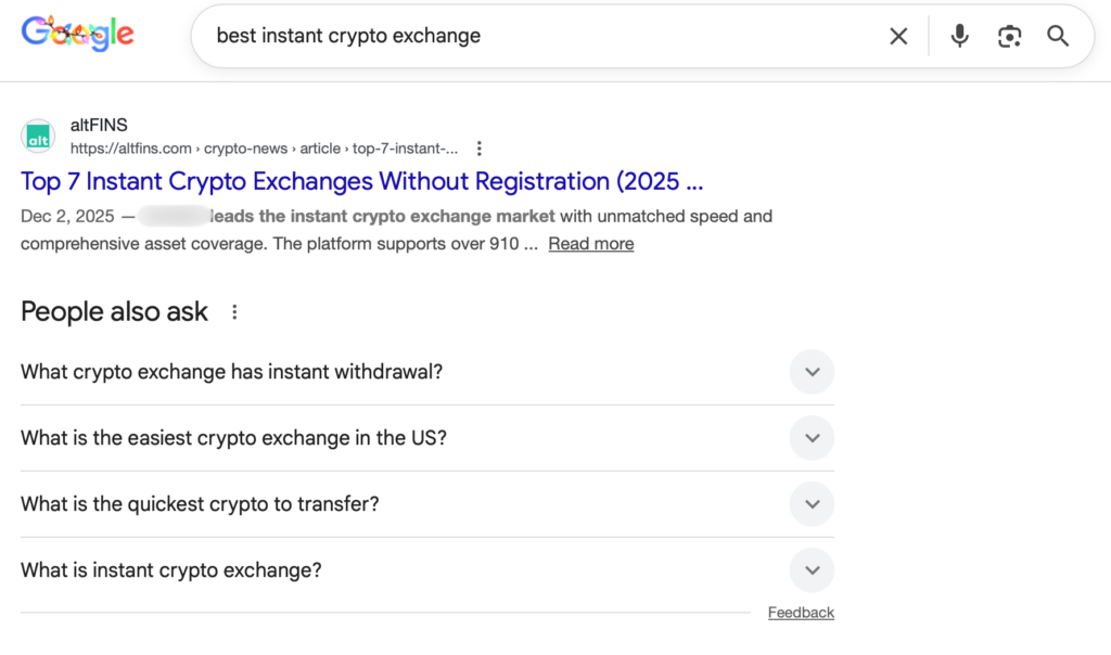 Google SERP — top article about instant crypto exchanges