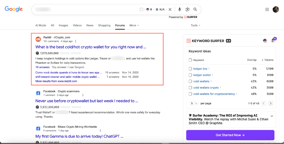 Google search results — Reddit thread about best crypto wallets ranking in top positions