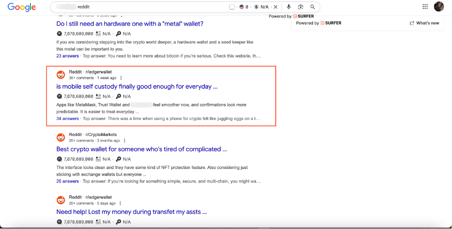 Google results — Reddit posts about mobile self-custody wallets and everyday usage